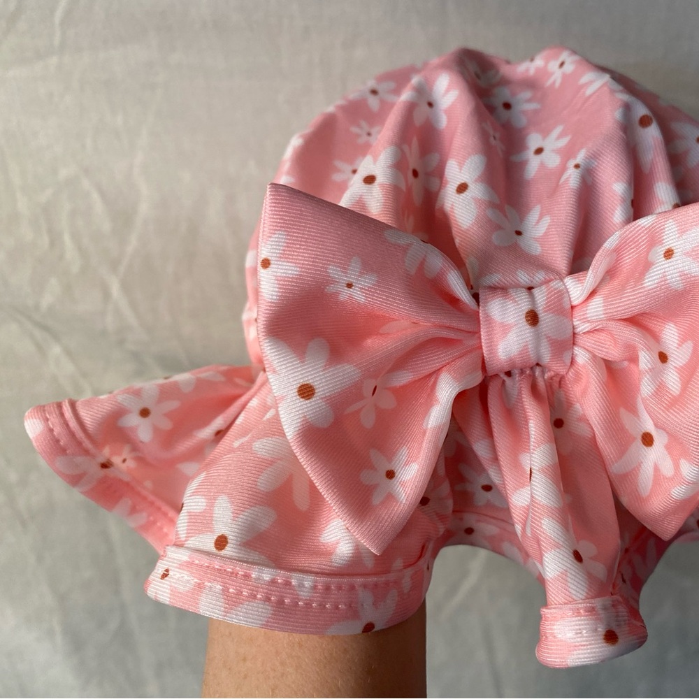 Pink Daisy Bow Kids Swim Cap
